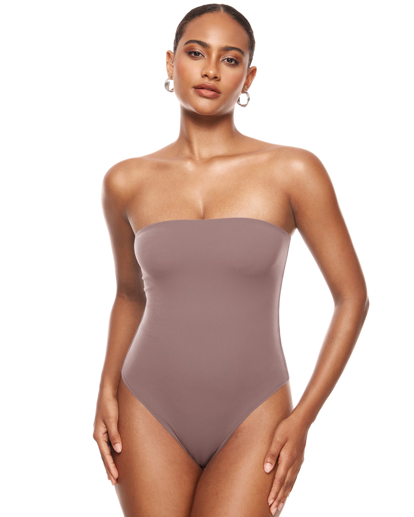 Nude Stretch Satin Strapless Bodysuit from I Saw It First on 21